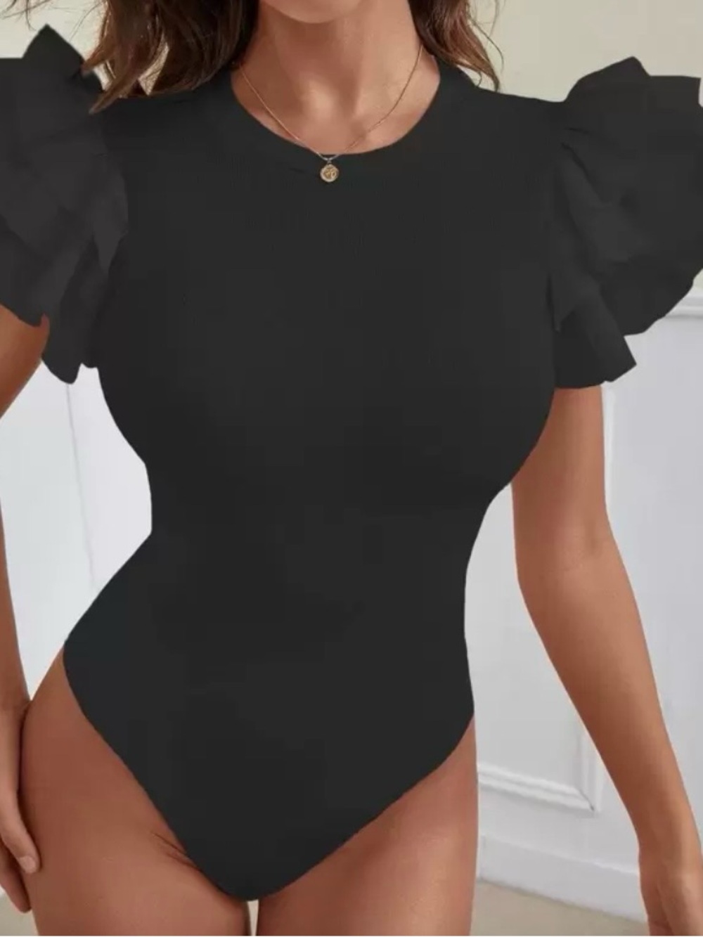 Black Ruffle Sleeve Short-Sleeve Bodysuit